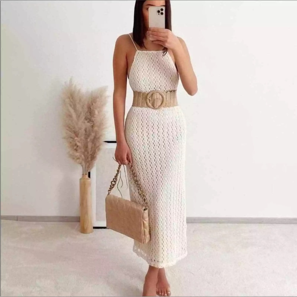 Zara Ecru Long Crochet Knit Halter Dress
